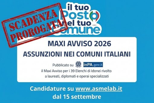 Maxi avviso ASMEL 2026, boom di candidature: prorogata la scadenza al 15 ottobre Maxi avviso ASMEL 2026, boom di candidature: prorogata la scadenza al 15 ottobre