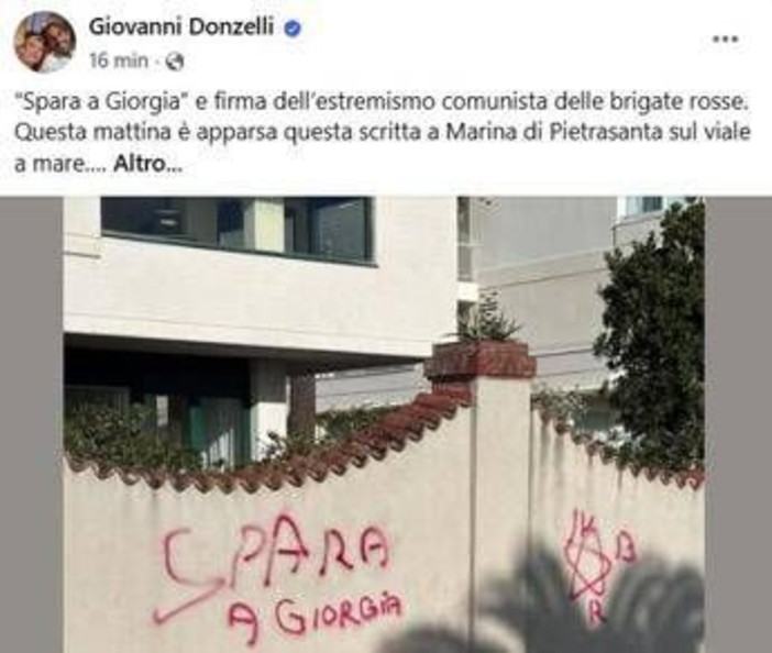 Donzelli pubblica foto scritta su muro: "'Spara a Giorgia' a firma Br, non ci fermeremo" Donzelli pubblica foto scritta su muro: "'Spara a Giorgia' a firma Br, non ci fermeremo"